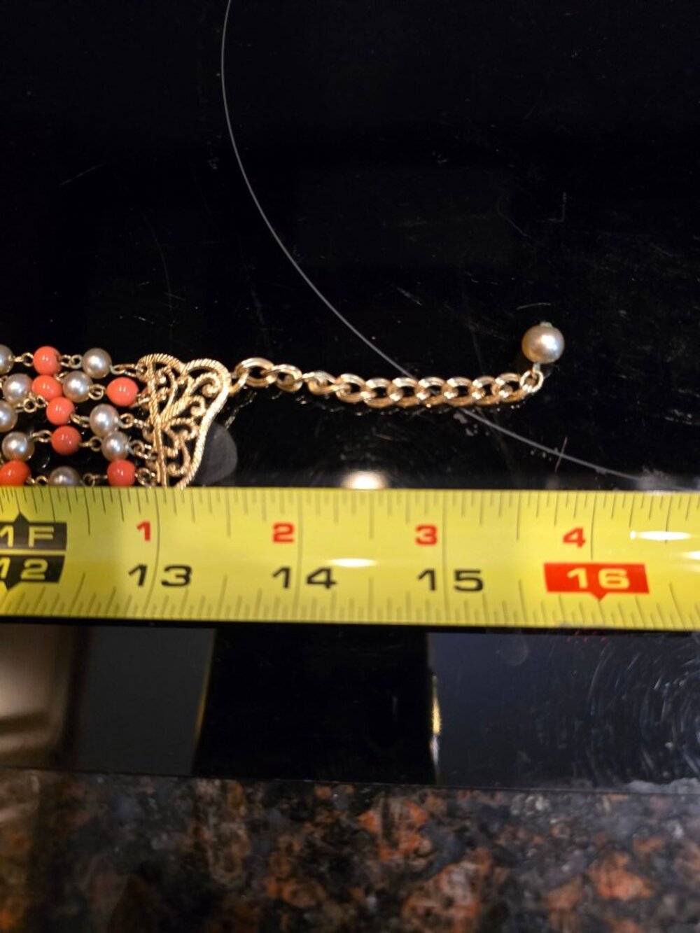 Faux Coral and Pearl Beads Necklace Gold Tone Multi-Strand 16" Adjustable Length - Picture 8 of 8
